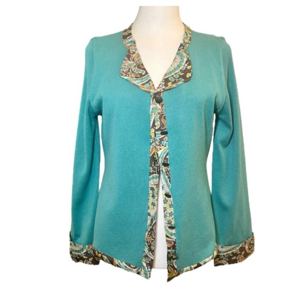 Vintage Cashmere Silk Teal Cardigan Paisley Trim Boho